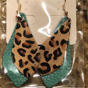 Leopard and turquoise leather drop earrings